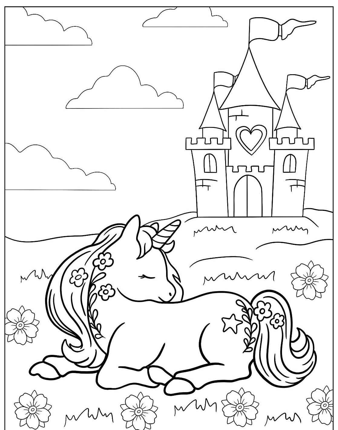 Desenho de Unicórnio dormindo em um campo com castelo