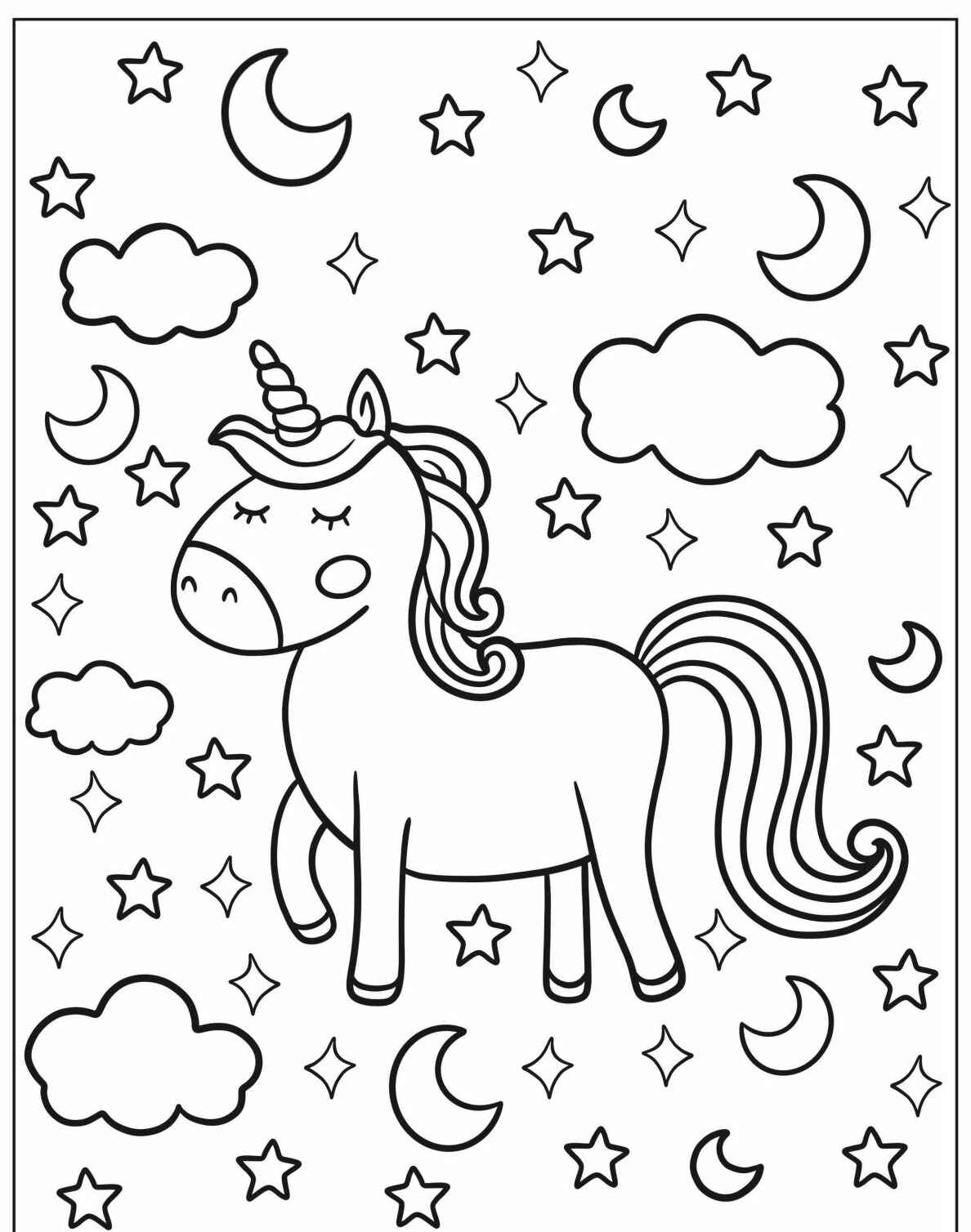 Desenho de Unicórnio com estrelas e nuvens para colorir