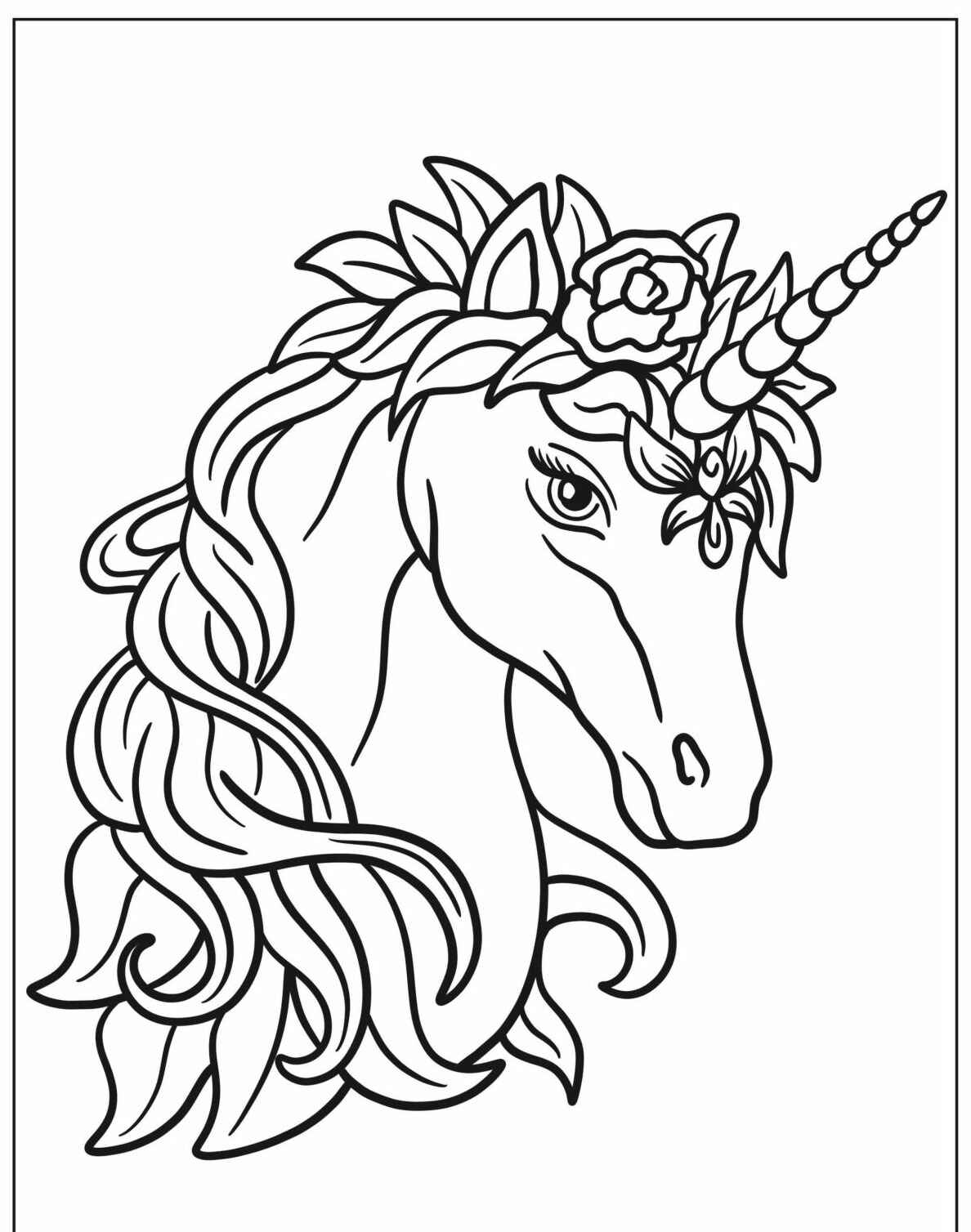 Desenho de Unicórnio com detalhes florais para imprimir e colorir