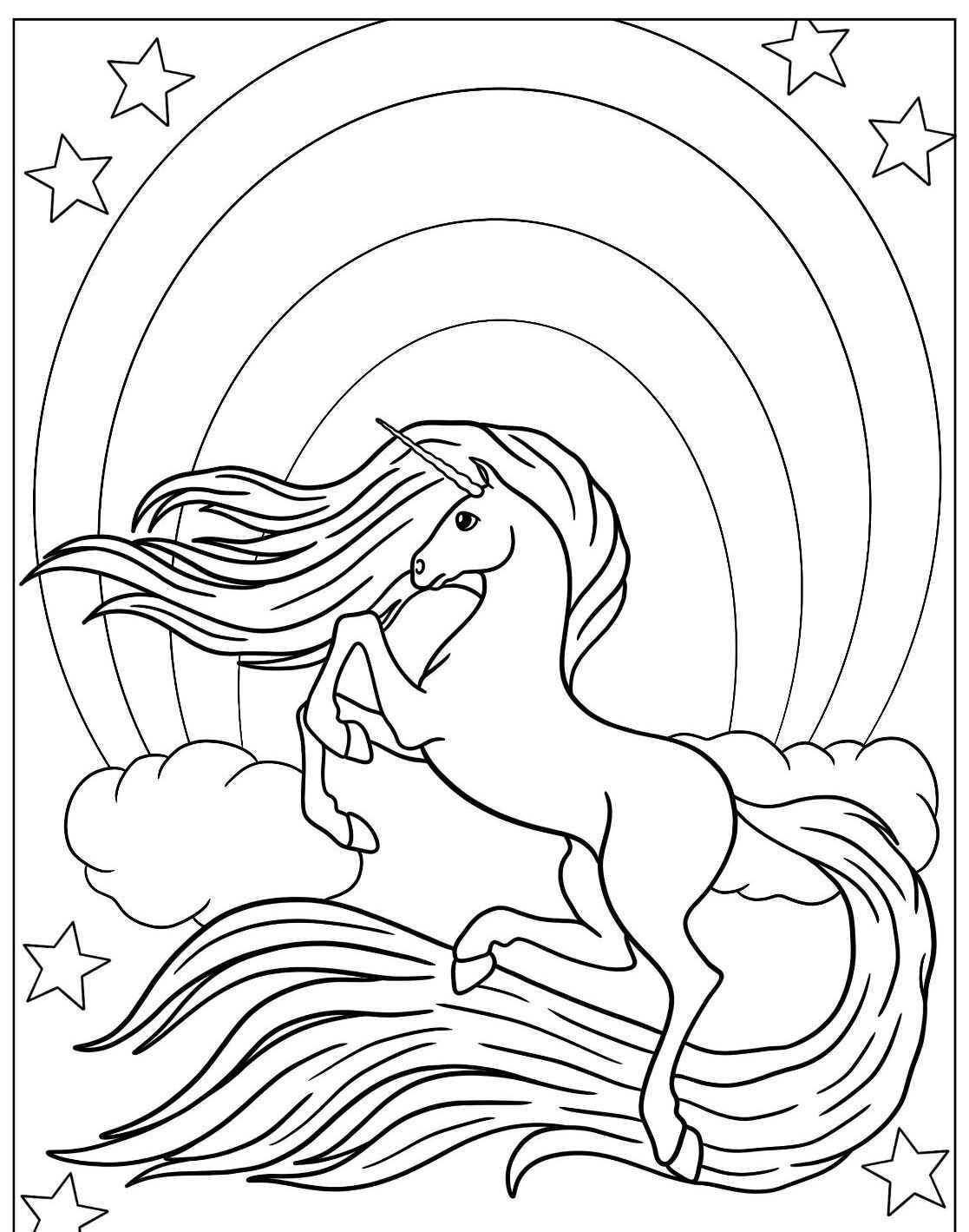 Desenho de Unicórnio correndo entre nuvens e arco-íris