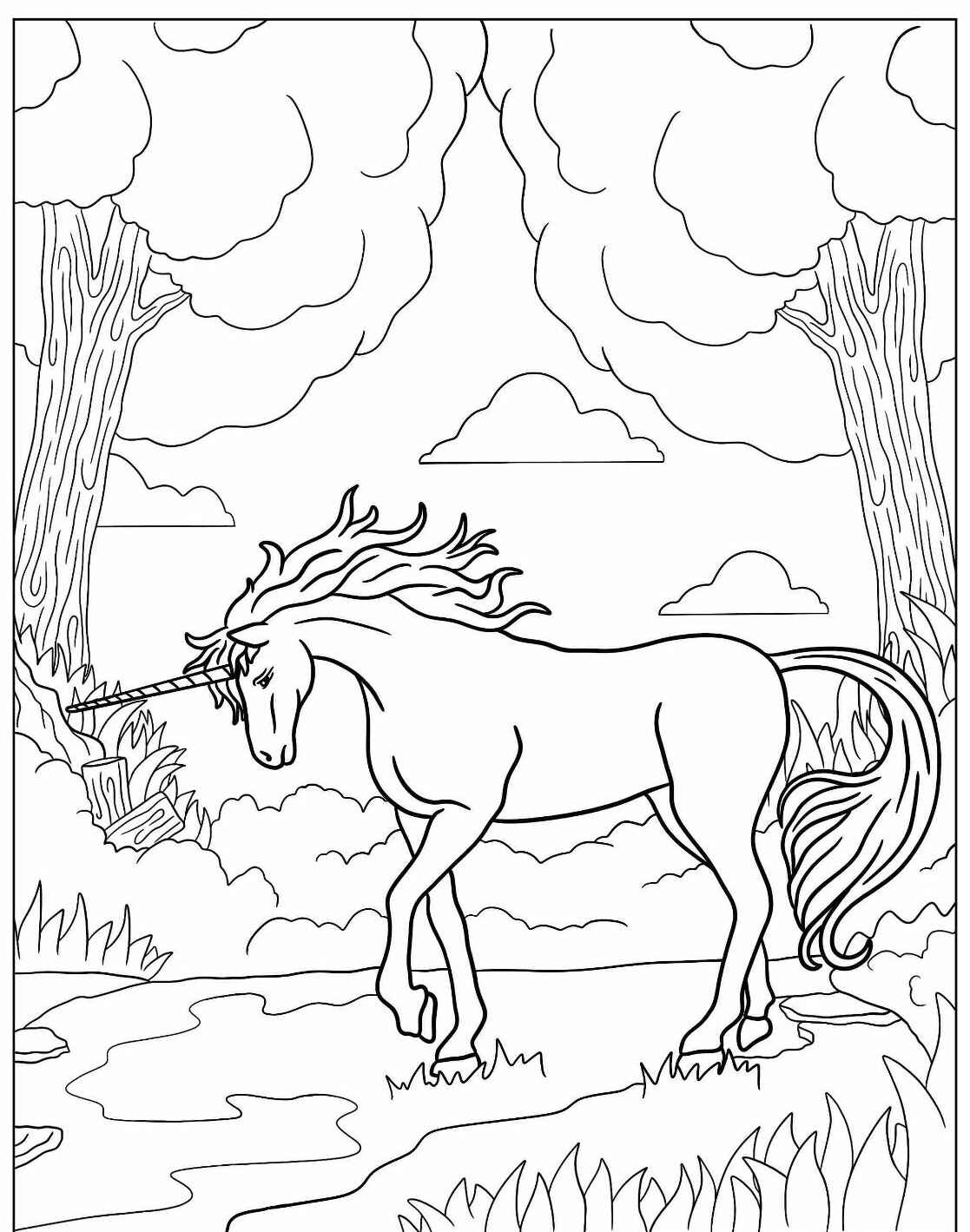 Desenho de Unicórnio caminhando em um bosque para colorir