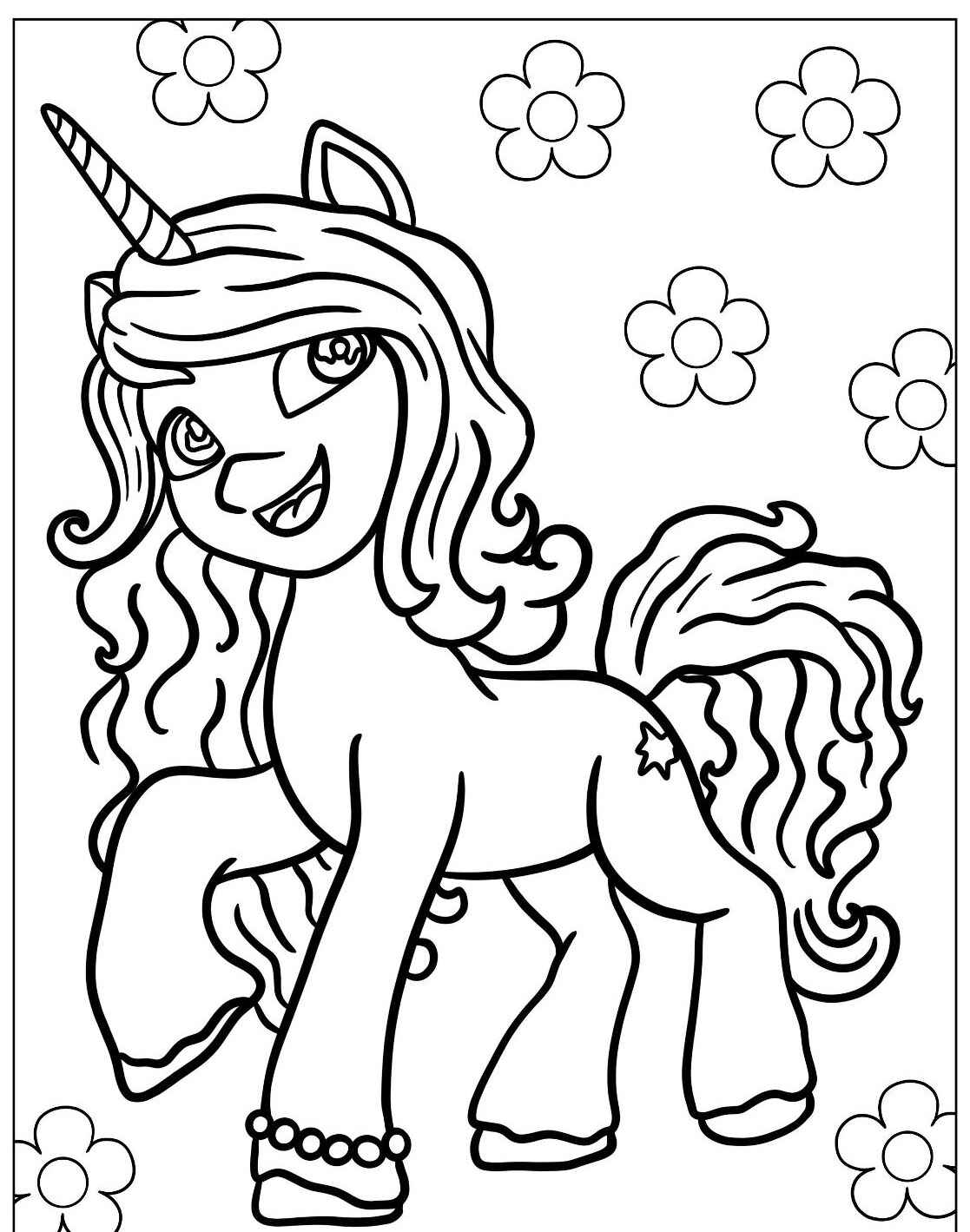Desenho de Unicórnio com flores para imprimir e colorir