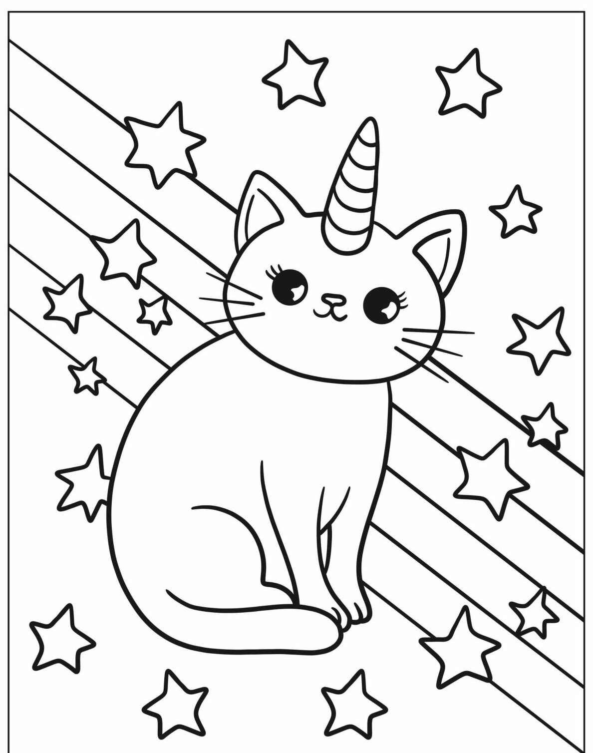 Desenho de Unicórnio gatinho com estrelas para imprimir e colorir