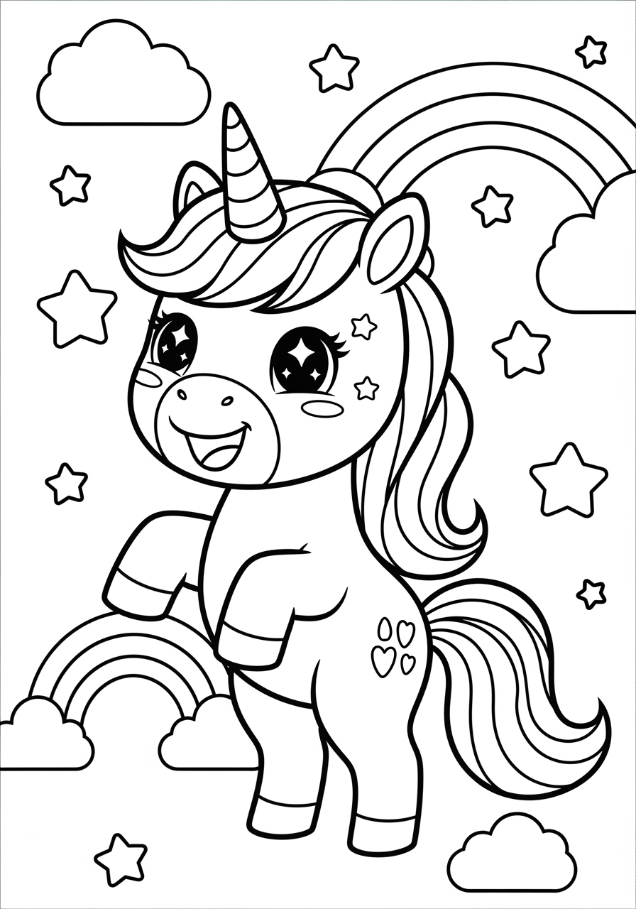 Desenho de Unicórnio com estrelas e arco-íris para colorir