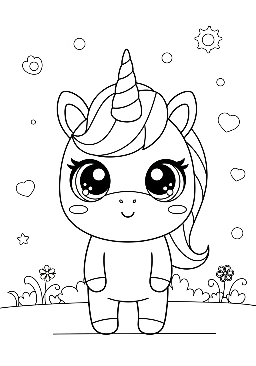 Desenho de Unicórnio fofo em meio a flores para colorir