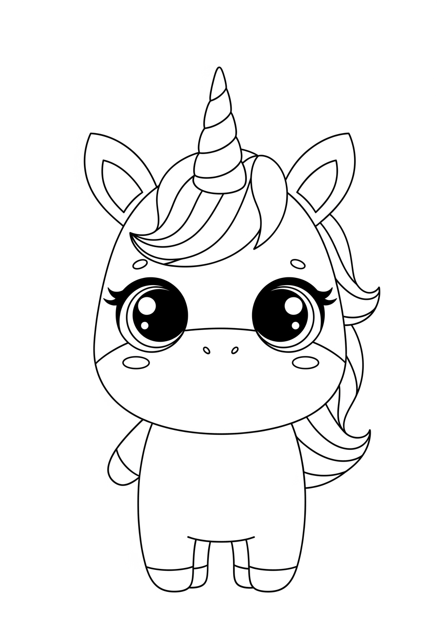 Desenho de Unicórnio fofo com olhos grandes para imprimir e colorir