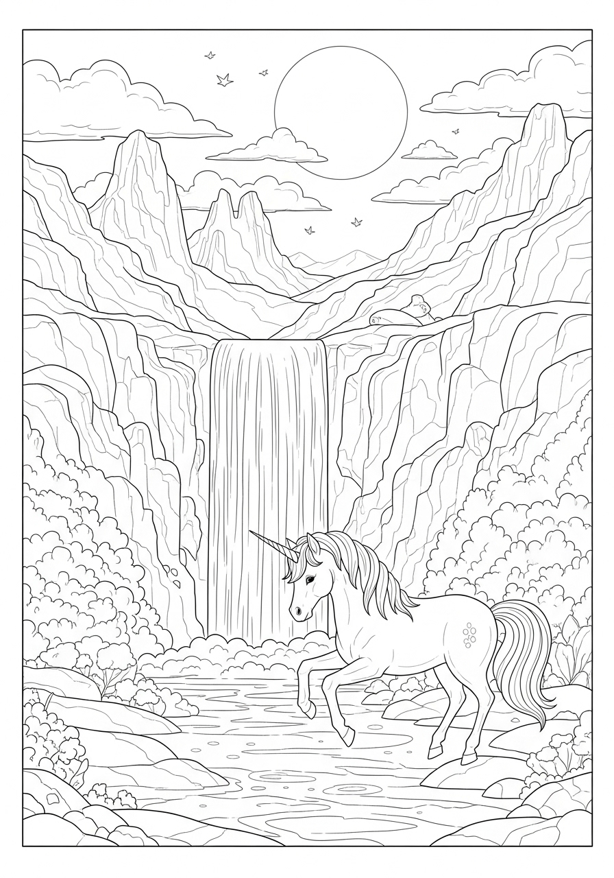 Desenho de Unicórnio em cenário de montanhas para imprimir