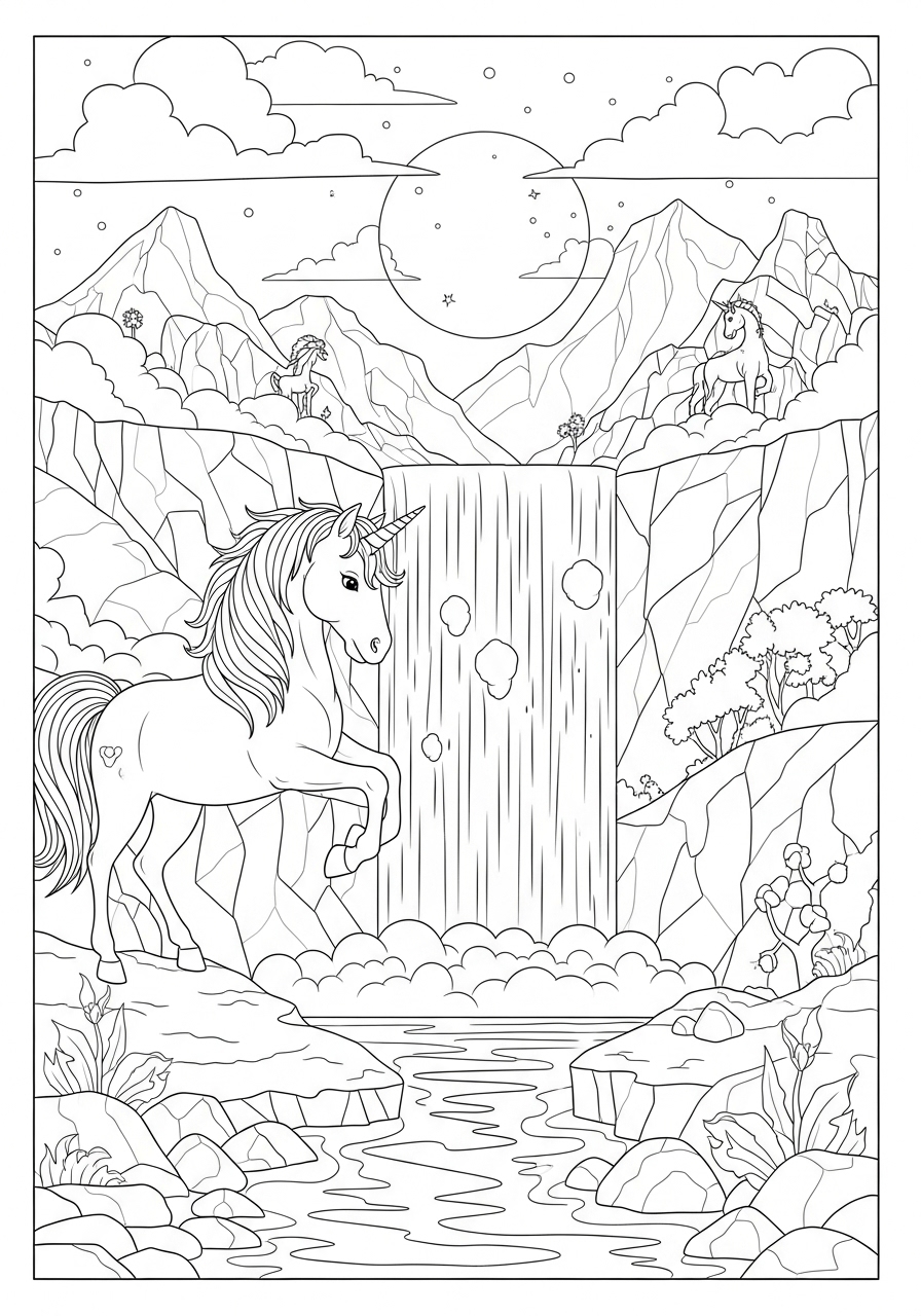 Desenho de Unicórnio em cenário natural para colorir