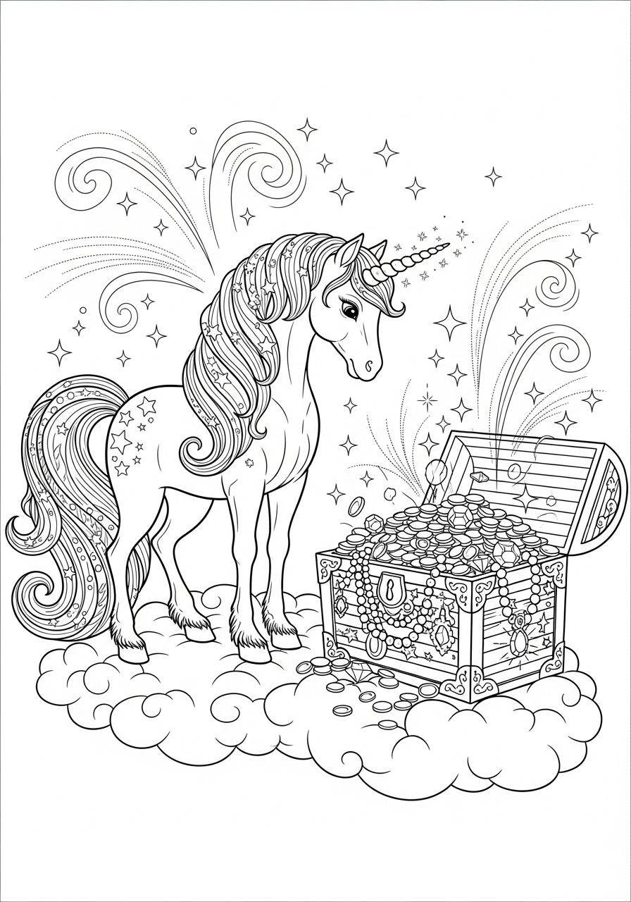 Desenho de Unicórnio guardando tesouro para imprimir e colorir