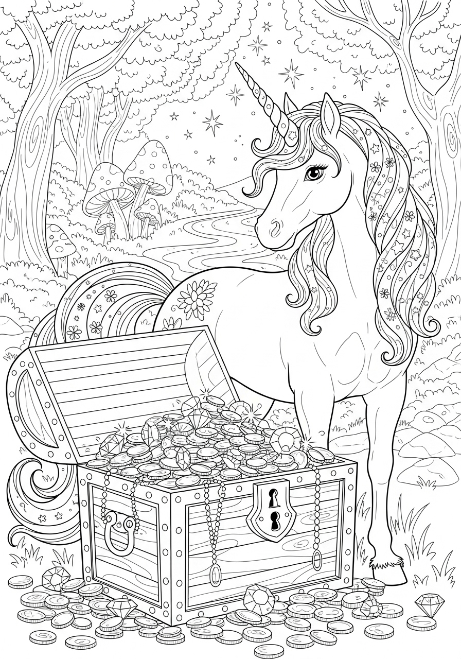 Desenho de Unicórnio ao lado de um baú de tesouro para colorir