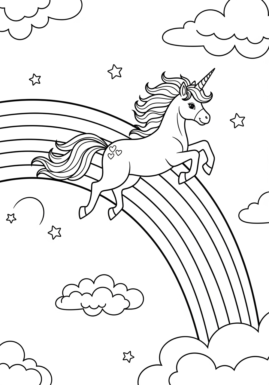 Desenho de Unicórnio saltando sobre um arco-íris para colorir