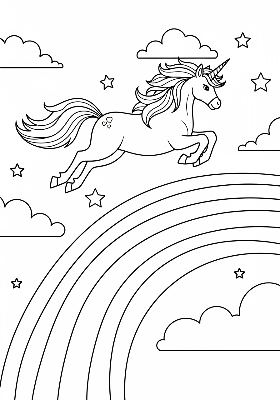 Desenho de Unicórnio pulando sobre um arco-íris para colorir