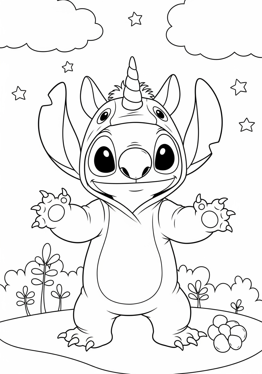 Desenho de Unicórnio Stitch em um cenário encantado