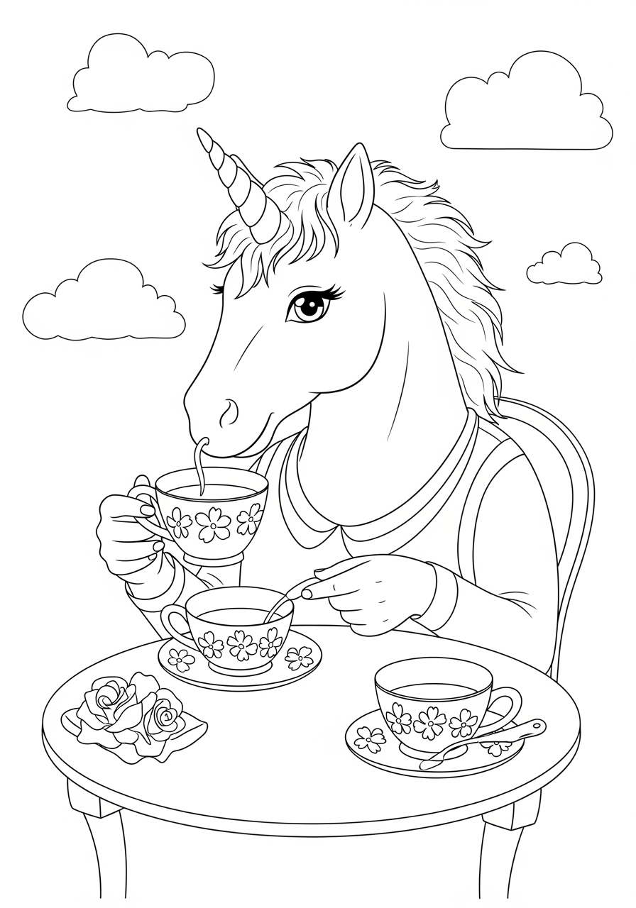 Desenho de Unicórnio tomando chá em uma mesa para colorir