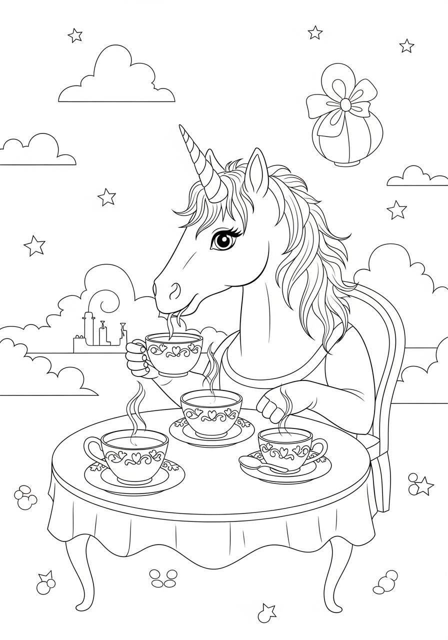 Desenho de Unicórnio tomando chá em uma mesa para colorir