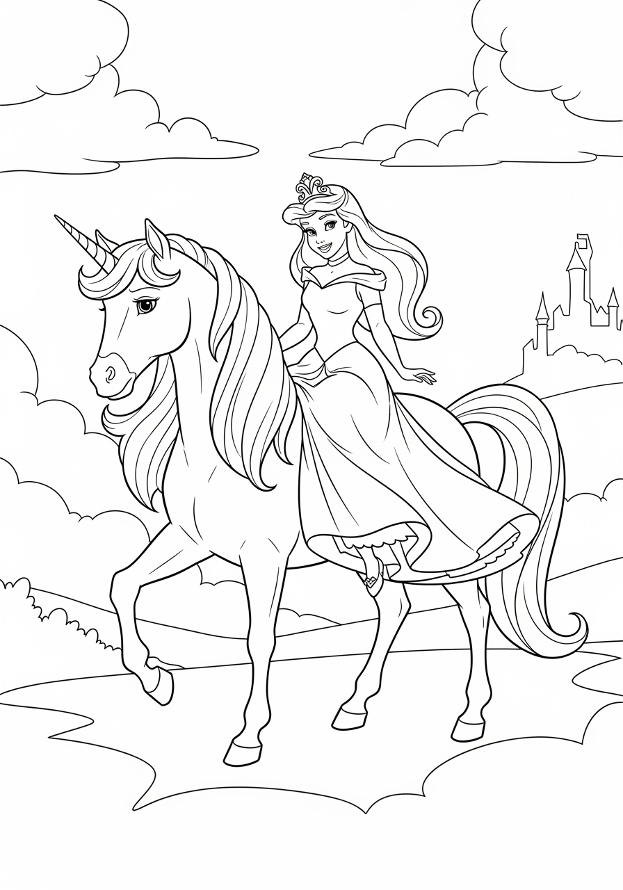 Desenho de Unicórnio com princesa para imprimir e colorir