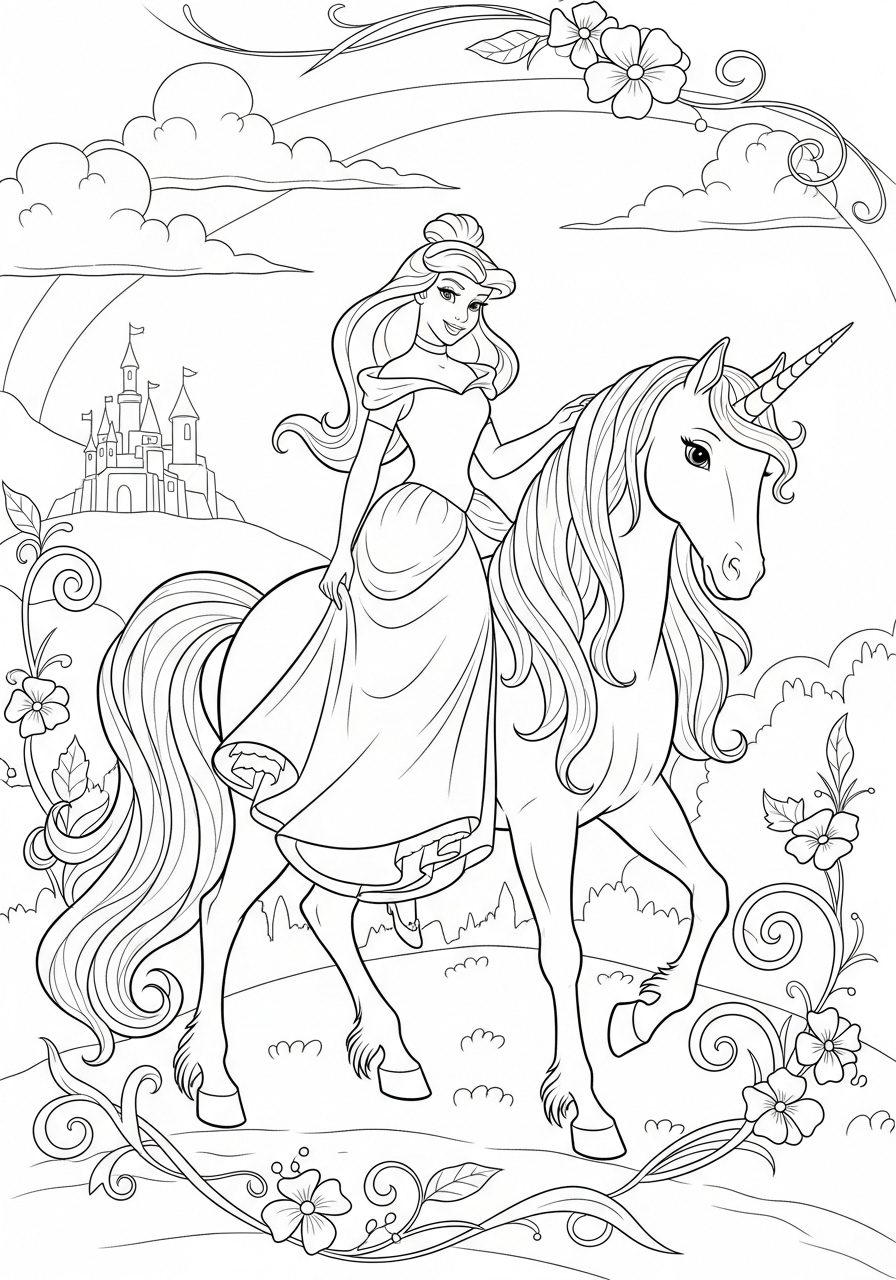 Desenho de Unicórnio com princesa em castelo para colorir