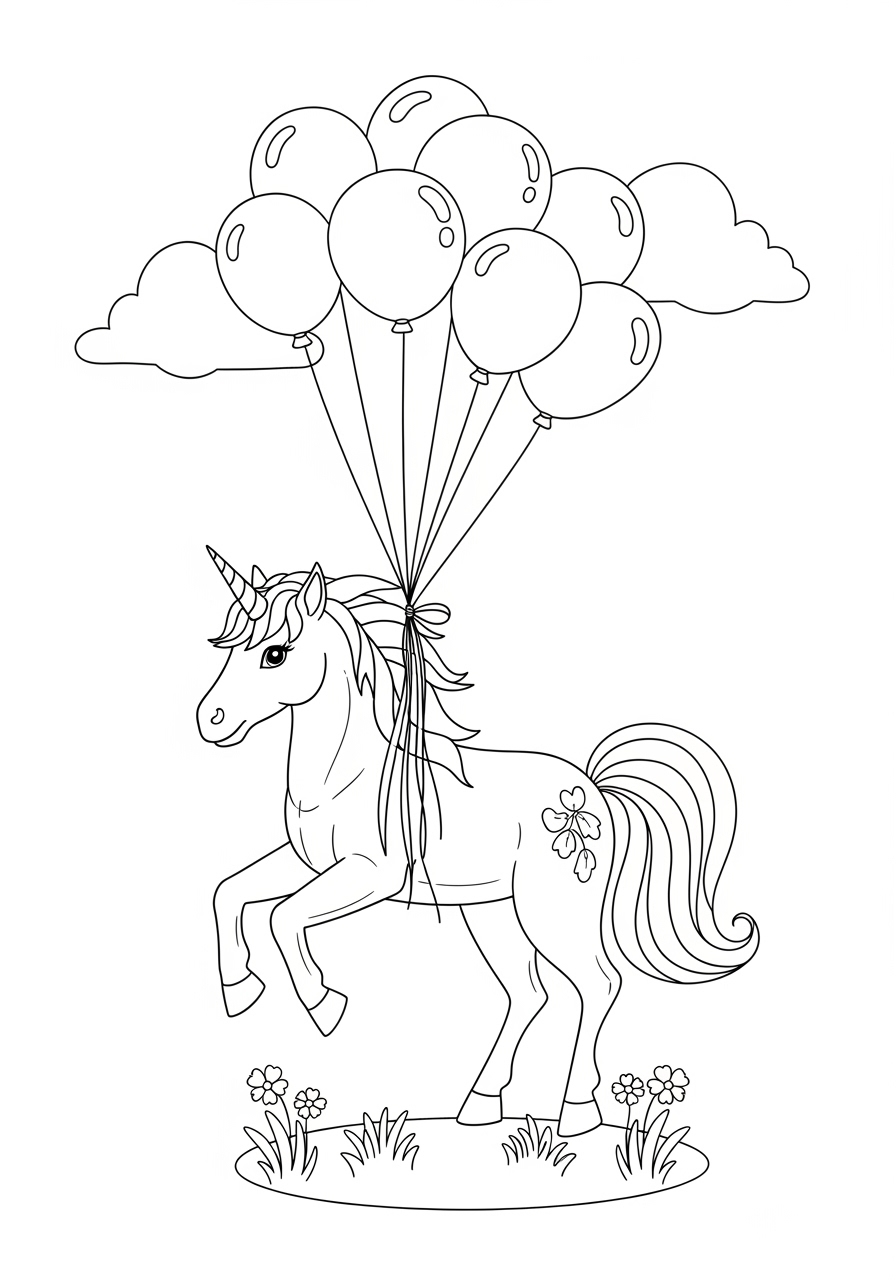 Desenho de Unicórnio levantando balões para imprimir e colorir