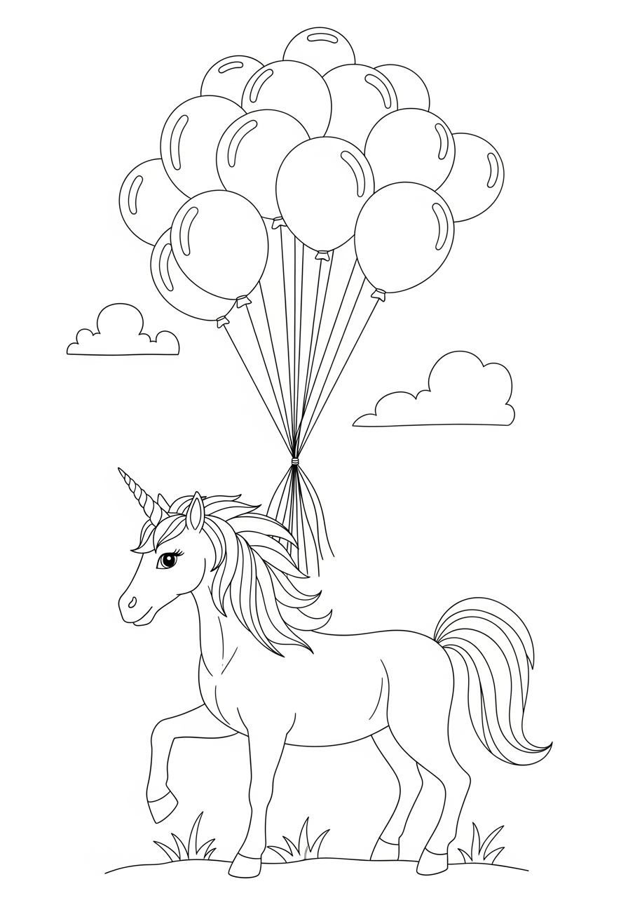 Desenho de Unicórnio com balões para imprimir e colorir