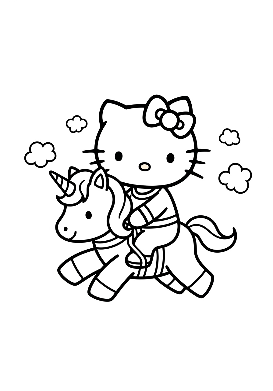 Desenho de Hello Kitty montando um unicórnio para colorir