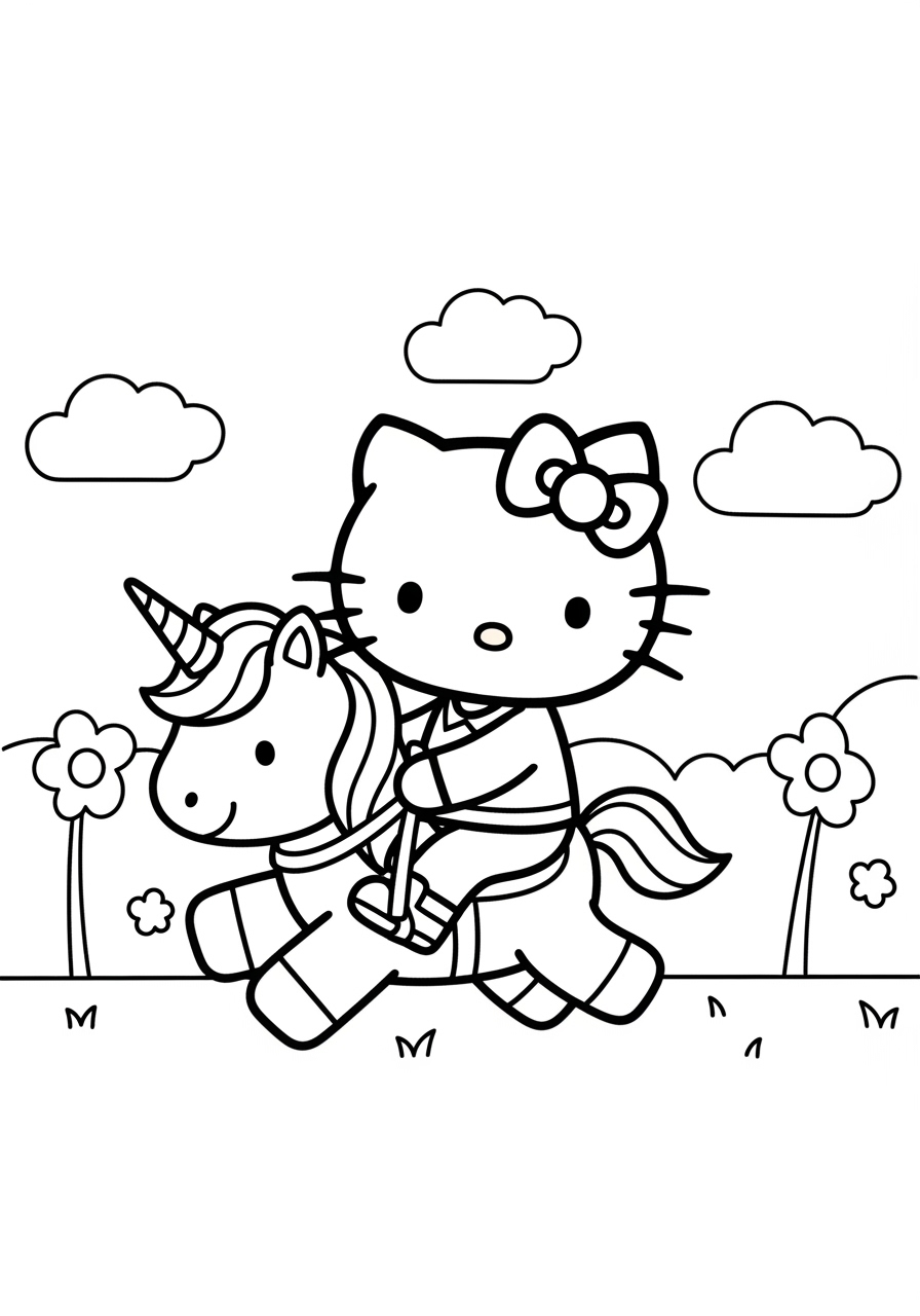 Desenho de Hello Kitty montando em um unicórnio para colorir