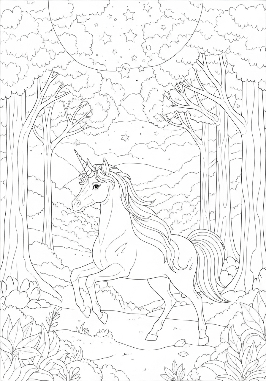 Desenho de Unicórnio em um bosque para imprimir e colorir