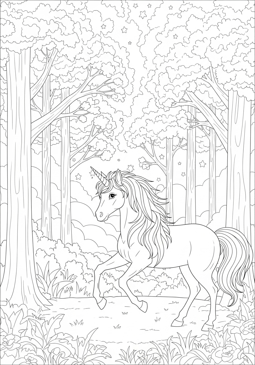 Desenho de Unicórnio andando na floresta para imprimir e colorir