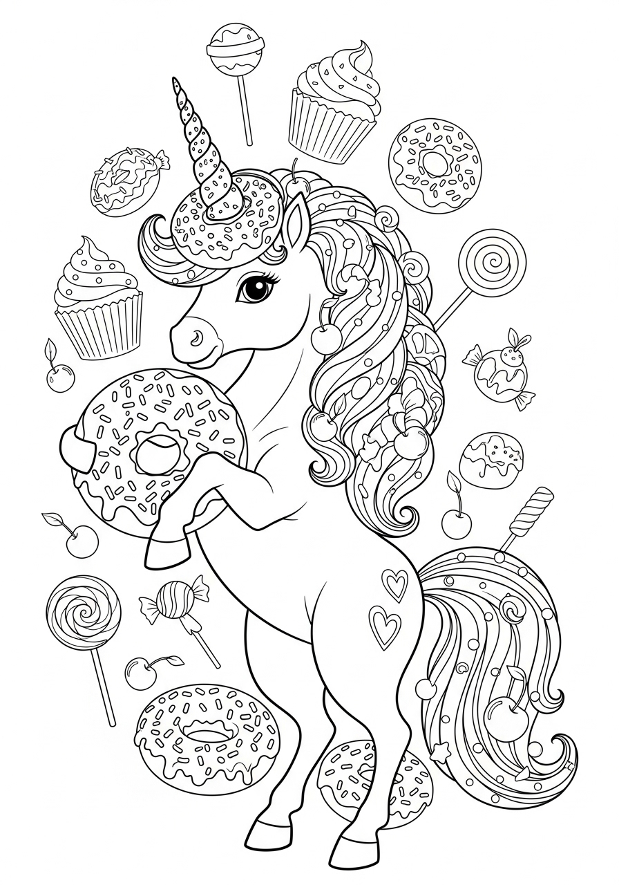 Desenho de Unicórnio segurando donuts e doces para colorir