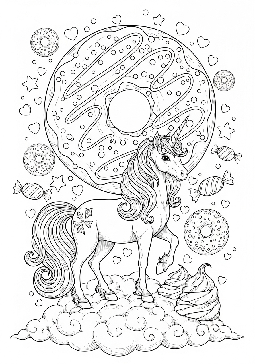 Desenho de Unicórnio rodeado por doces para imprimir e colorir