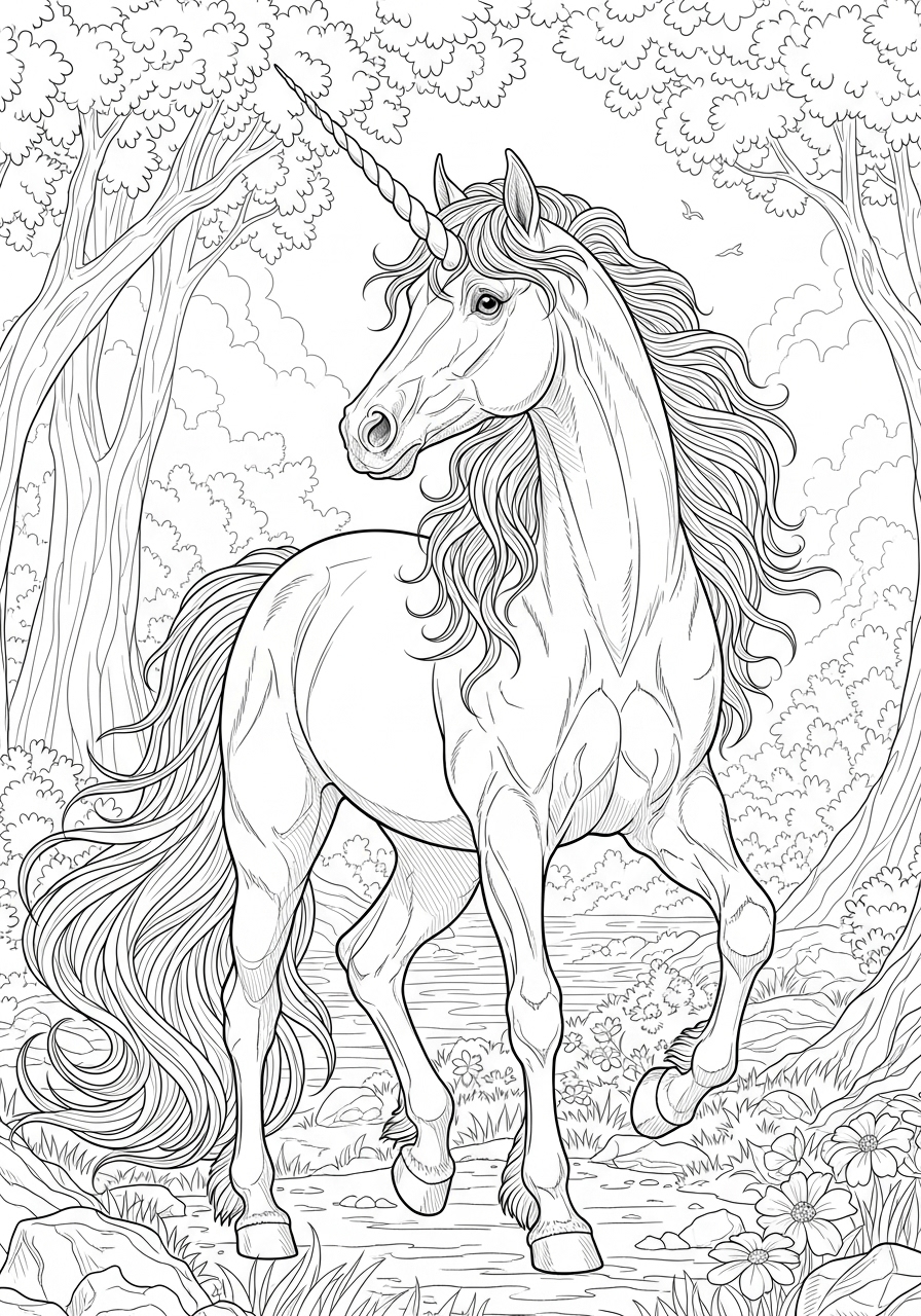 Desenho de Unicórnio em bosque para imprimir e colorir
