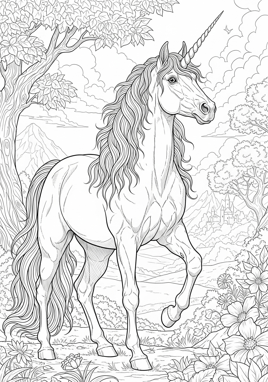 Desenho de Unicórnio em um cenário natural para colorir