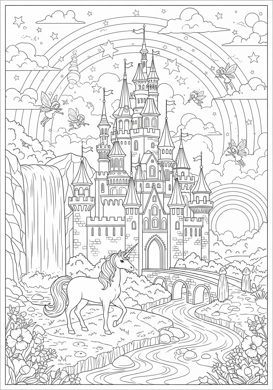 Desenho de Unicórnio em frente a castelo para colorir