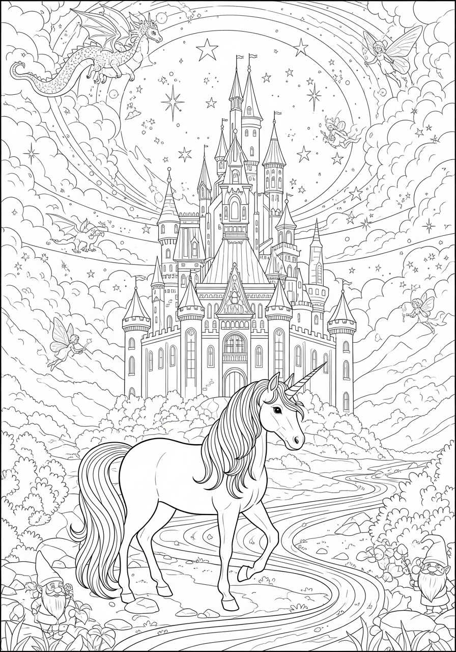 Desenho de Unicórnio em um castelo encantado para colorir