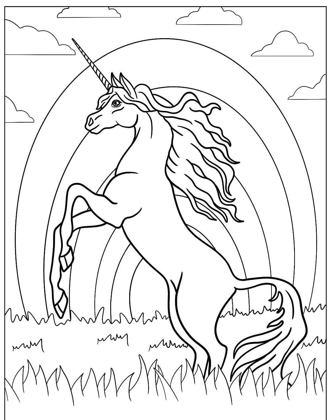 Desenho de Unicórnio em um arco-íris para imprimir e colorir