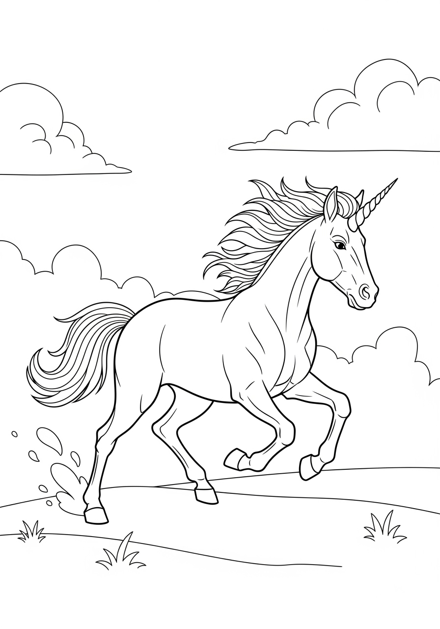 Desenho de Unicórnio correndo em um campo para imprimir