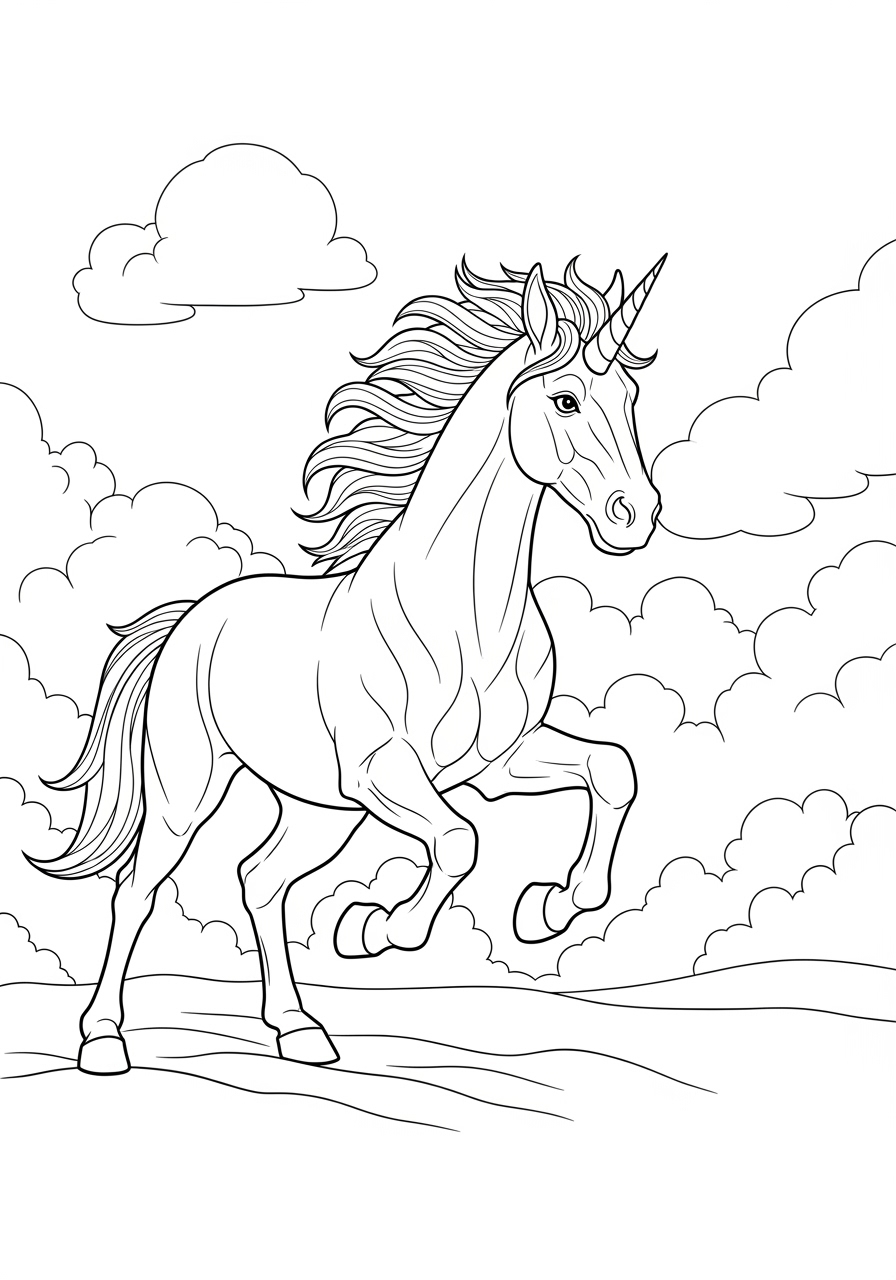 Desenho de Unicórnio correndo entre nuvens para colorir