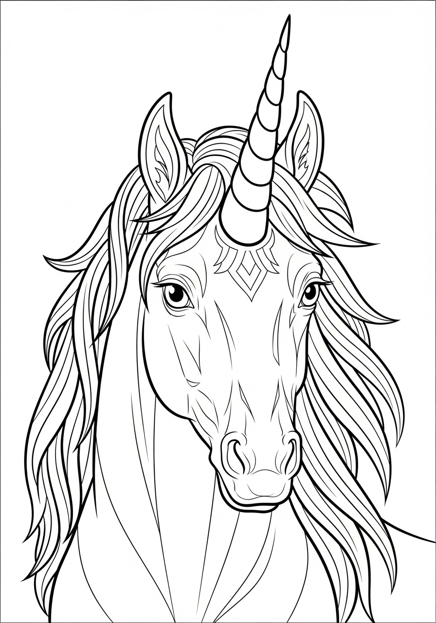 Desenho de Unicórnio com cabelo longo para imprimir e colorir