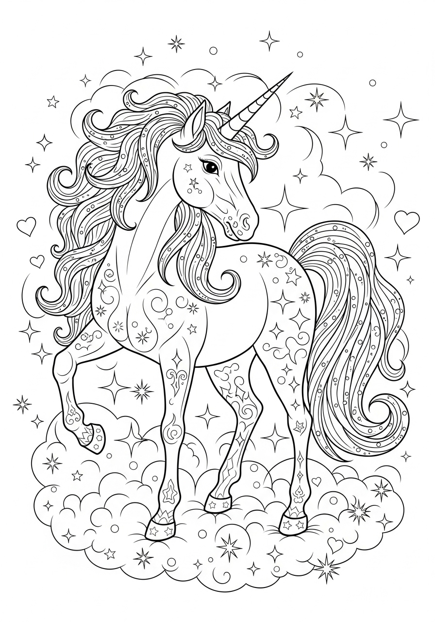 Desenho de Unicórnio com estrelas e corações para imprimir