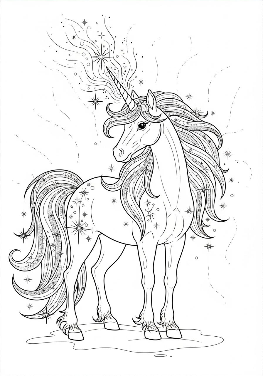 Desenho de Unicórnio mágico com estrelas para imprimir