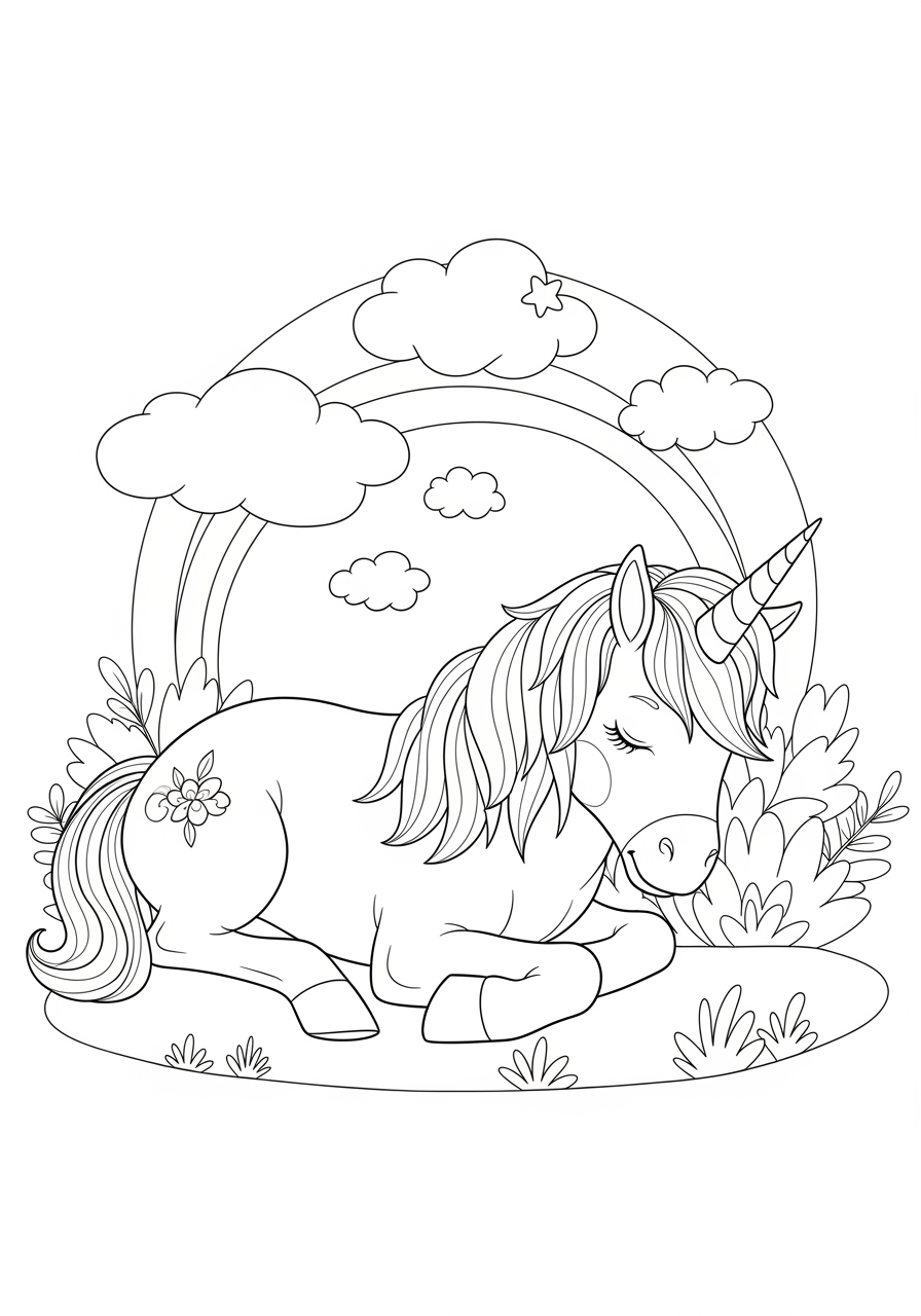 Desenho de Unicórnio dormindo com arco-íris para colorir