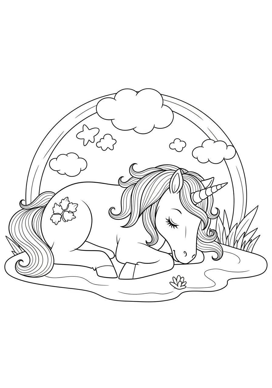 Desenho de Unicórnio dormindo em um lago para imprimir