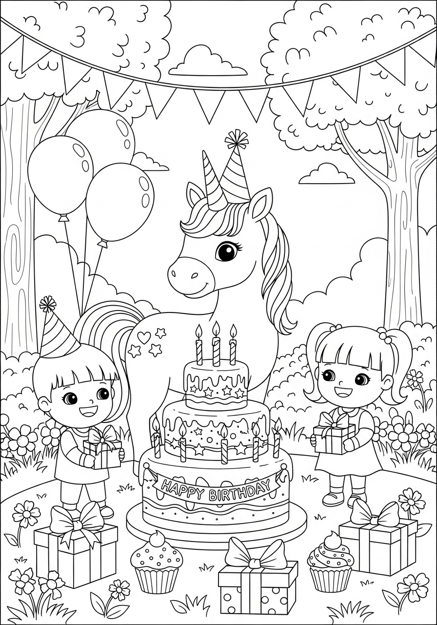 Desenho de Unicórnio com crianças em festa de aniversário