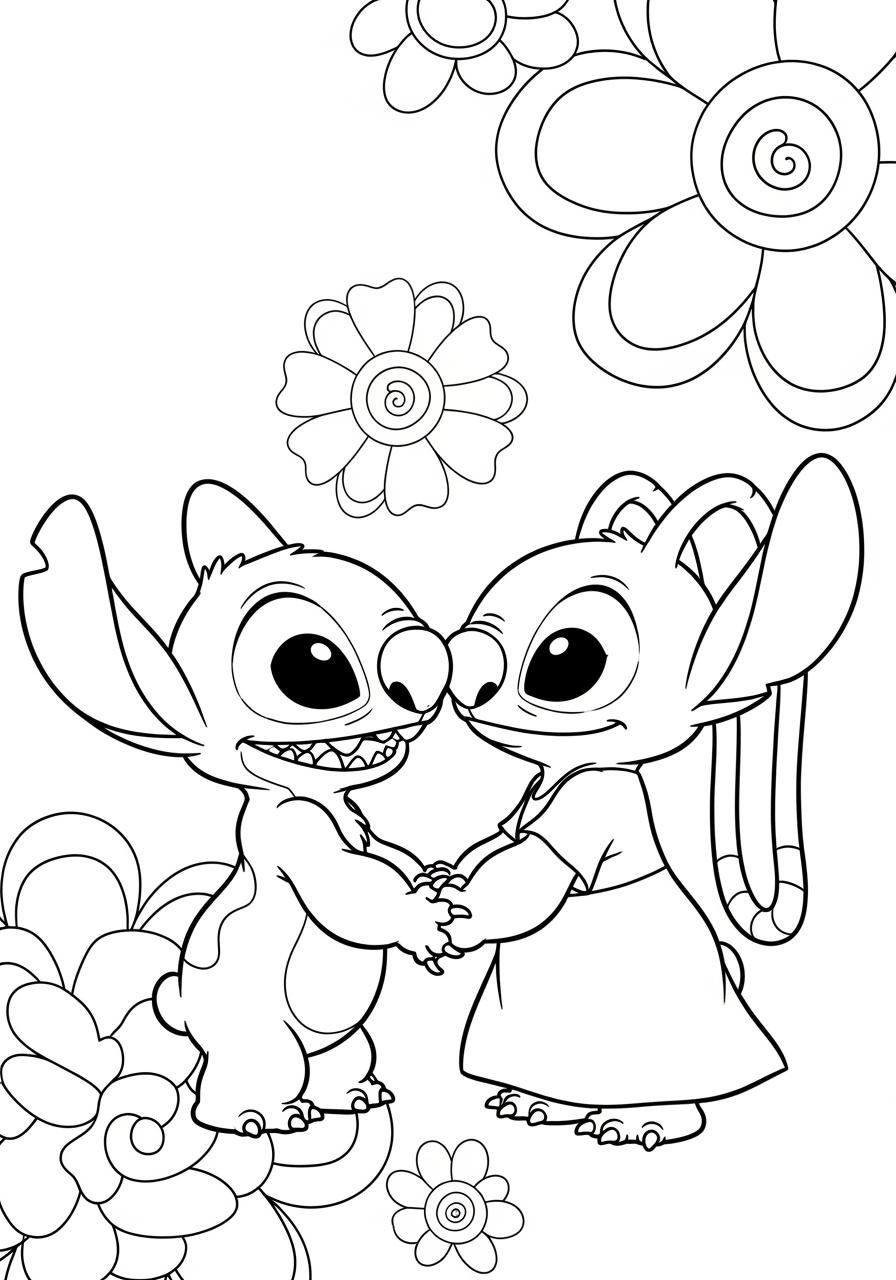 Stitch e Angel segurando as mãos para Colorir e Imprimir
