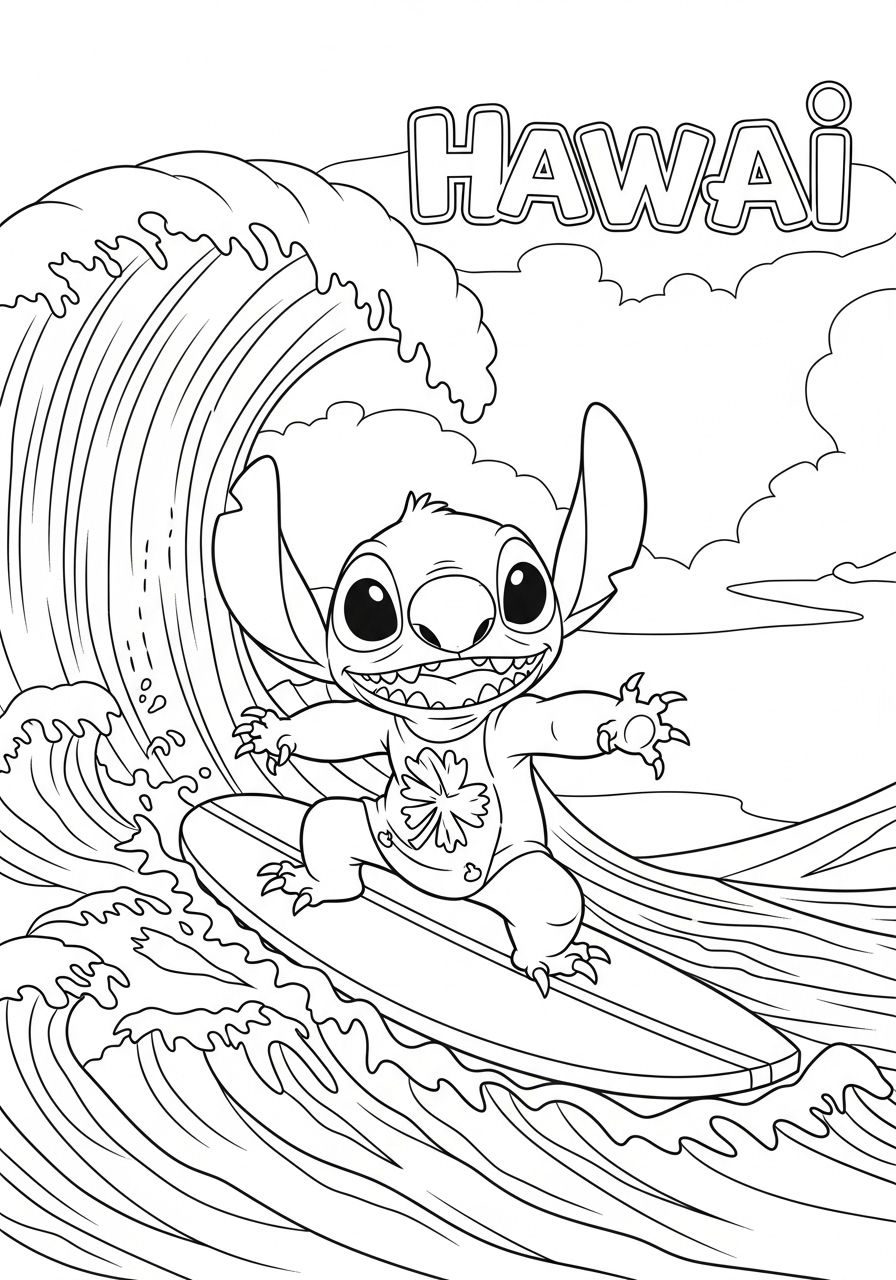 Desenho do Stitch surfando em uma prancha para imprimir