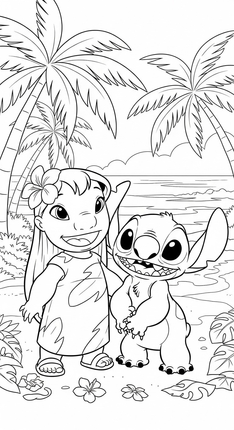 Desenho do Stitch e Lilo na praia para imprimir e colorir