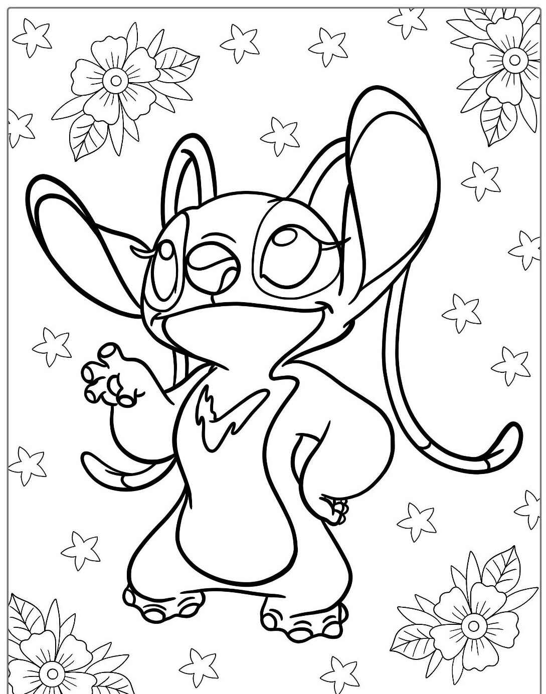 Stitch sorridente entre flores para Colorir e Imprimir Stitch sorridente entre flores para Colorir e Imprimir