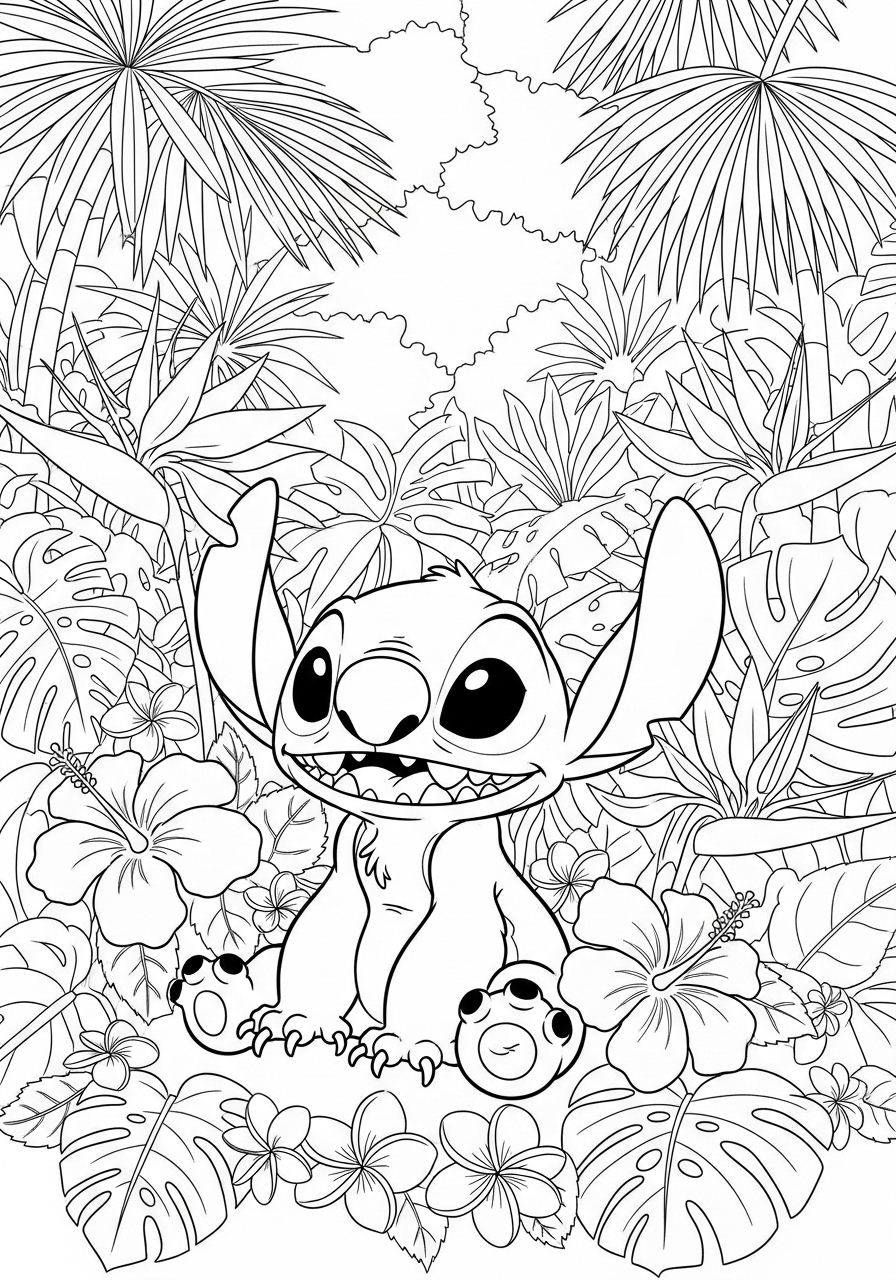 Desenho do Stitch em meio a flores e plantas para colorir