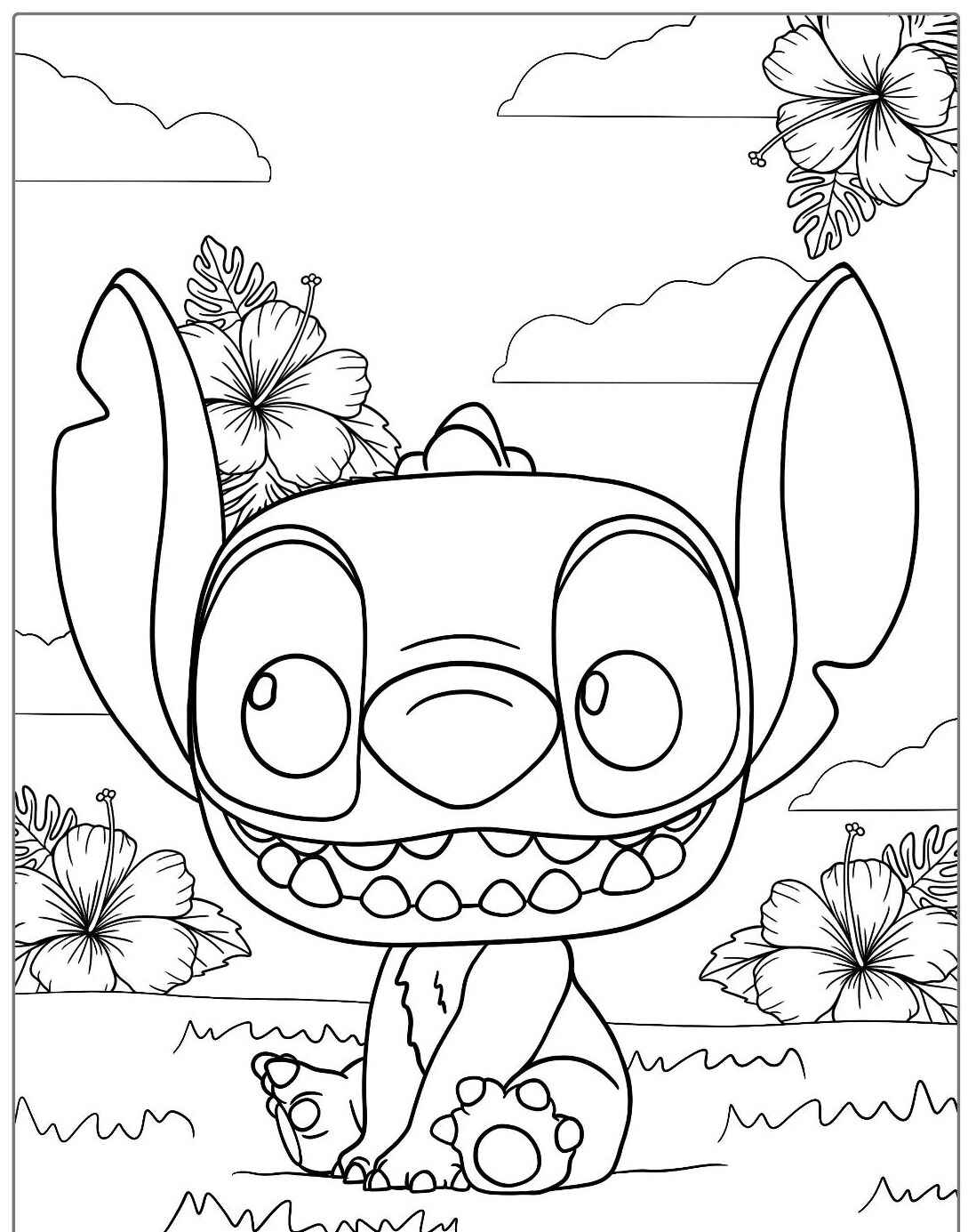 Stitch sorrindo entre flores para Colorir e Imprimir Stitch sorrindo entre flores para Colorir e Imprimir
