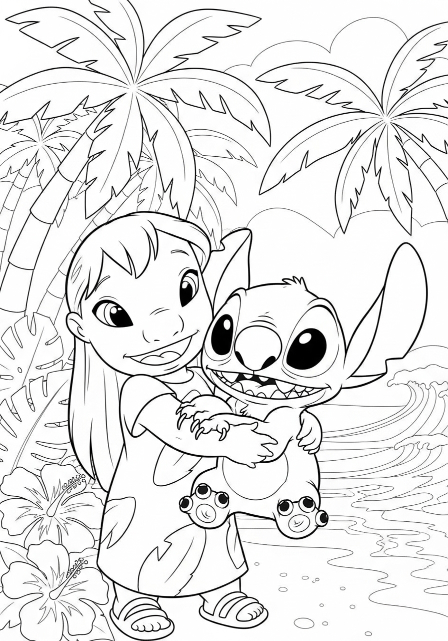 Stitch e Lilo se abraçando para Colorir e Imprimir Stitch e Lilo se abraçando para Colorir e Imprimir