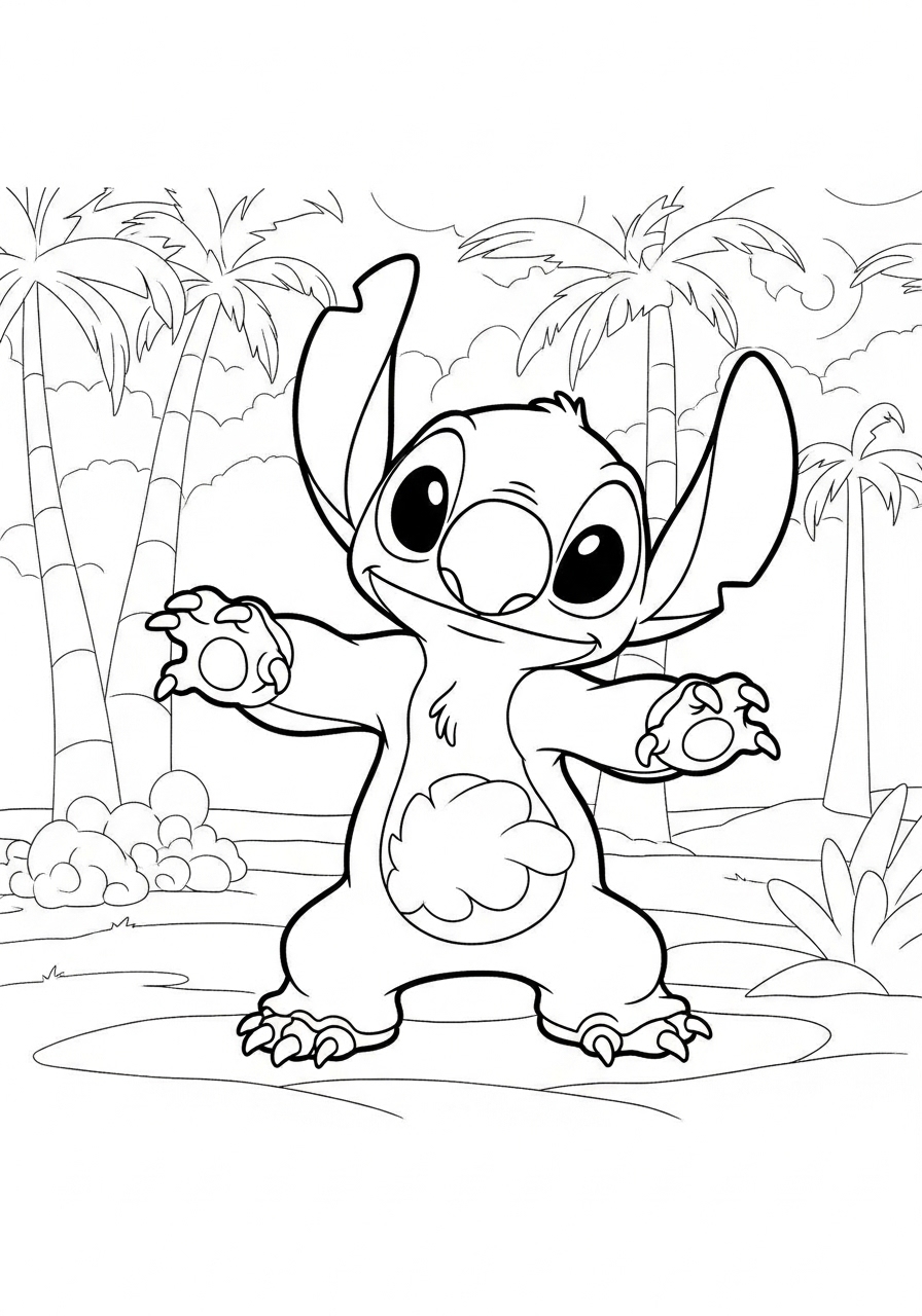 Desenho do Stitch em paisagem tropical para imprimir e colorir